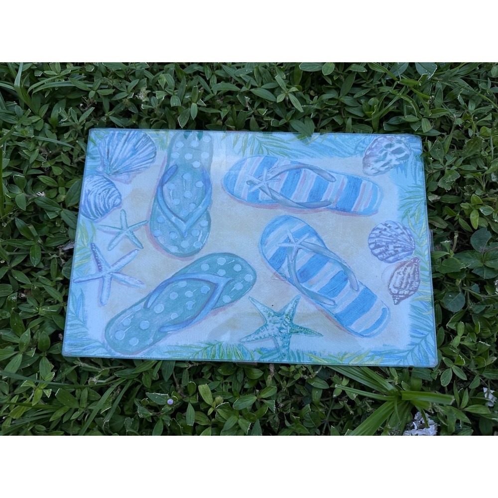 Coastal Kitchen Flip Flop Paradise Glass Cutting Board Blue Beach Seashells